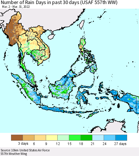 South East Asia Number of Rain Days in past 30 days (USAF 557th WW) 03/31/2022 Thematic Map For 3/26/2022 - 3/31/2022
