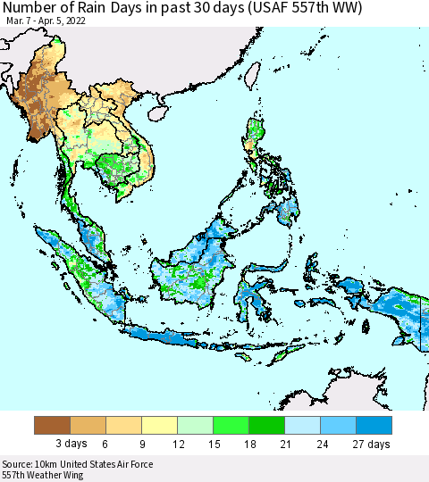 South East Asia Number of Rain Days in past 30 days (USAF 557th WW) 04/05/2022 Thematic Map For 4/1/2022 - 4/5/2022