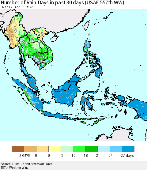 South East Asia Number of Rain Days in past 30 days (USAF 557th WW) 04/10/2022 Thematic Map For 4/6/2022 - 4/10/2022