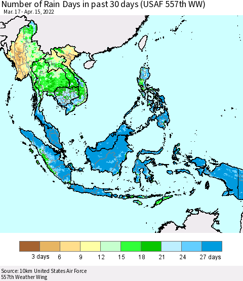 South East Asia Number of Rain Days in past 30 days (USAF 557th WW) 04/15/2022 Thematic Map For 4/11/2022 - 4/15/2022