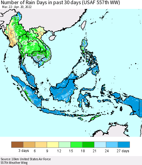 South East Asia Number of Rain Days in past 30 days (USAF 557th WW) 04/20/2022 Thematic Map For 4/16/2022 - 4/20/2022