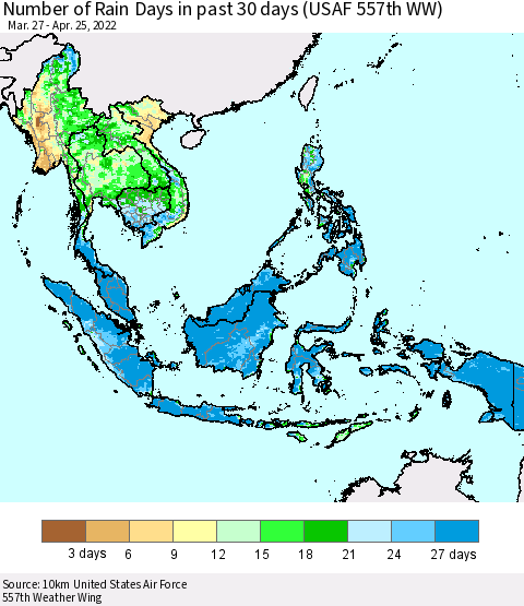 South East Asia Number of Rain Days in past 30 days (USAF 557th WW) 04/25/2022 Thematic Map For 4/21/2022 - 4/25/2022