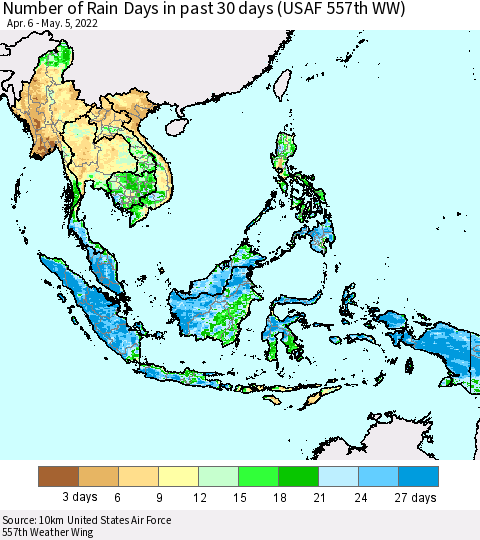 South East Asia Number of Rain Days in past 30 days (USAF 557th WW) 05/05/2022 Thematic Map For 5/1/2022 - 5/5/2022