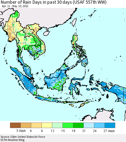 South East Asia Number of Rain Days in past 30 days (USAF 557th WW) 05/10/2022 Thematic Map For 5/6/2022 - 5/10/2022