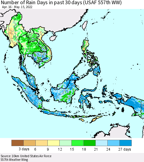 South East Asia Number of Rain Days in past 30 days (USAF 557th WW) 05/15/2022 Thematic Map For 5/11/2022 - 5/15/2022