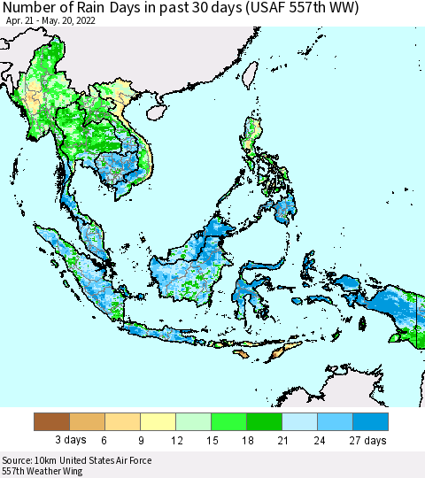 South East Asia Number of Rain Days in past 30 days (USAF 557th WW) 05/20/2022 Thematic Map For 5/16/2022 - 5/20/2022