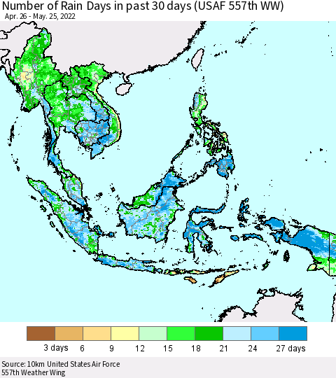 South East Asia Number of Rain Days in past 30 days (USAF 557th WW) 05/25/2022 Thematic Map For 5/21/2022 - 5/25/2022