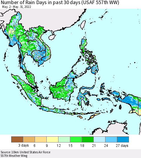 South East Asia Number of Rain Days in past 30 days (USAF 557th WW) 05/31/2022 Thematic Map For 5/26/2022 - 5/31/2022
