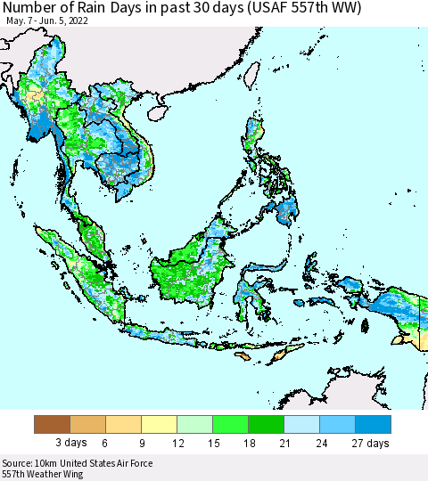 South East Asia Number of Rain Days in past 30 days (USAF 557th WW) 06/05/2022 Thematic Map For 6/1/2022 - 6/5/2022