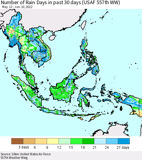 South East Asia Number of Rain Days in past 30 days (USAF 557th WW) 06/10/2022 Thematic Map For 6/6/2022 - 6/10/2022