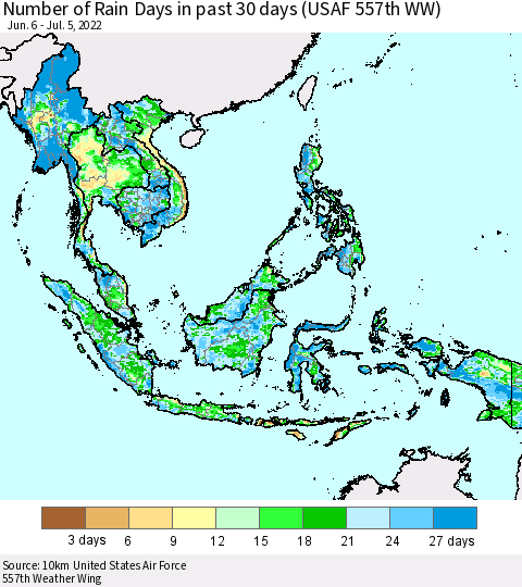 South East Asia Number of Rain Days in past 30 days (USAF 557th WW) 07/05/2022 Thematic Map For 7/1/2022 - 7/5/2022