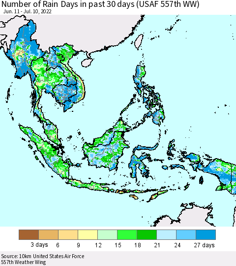 South East Asia Number of Rain Days in past 30 days (USAF 557th WW) 07/10/2022 Thematic Map For 7/6/2022 - 7/10/2022