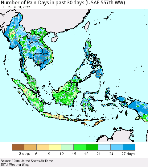 South East Asia Number of Rain Days in past 30 days (USAF 557th WW) 07/31/2022 Thematic Map For 7/26/2022 - 7/31/2022