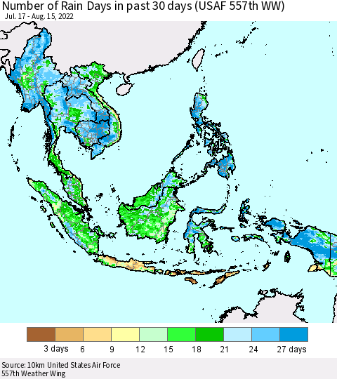 South East Asia Number of Rain Days in past 30 days (USAF 557th WW) 08/15/2022 Thematic Map For 8/11/2022 - 8/15/2022