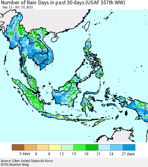 South East Asia Number of Rain Days in past 30 days (USAF 557th WW) 10/10/2022 Thematic Map For 10/6/2022 - 10/10/2022