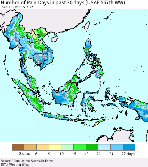 South East Asia Number of Rain Days in past 30 days (USAF 557th WW) 10/15/2022 Thematic Map For 10/11/2022 - 10/15/2022
