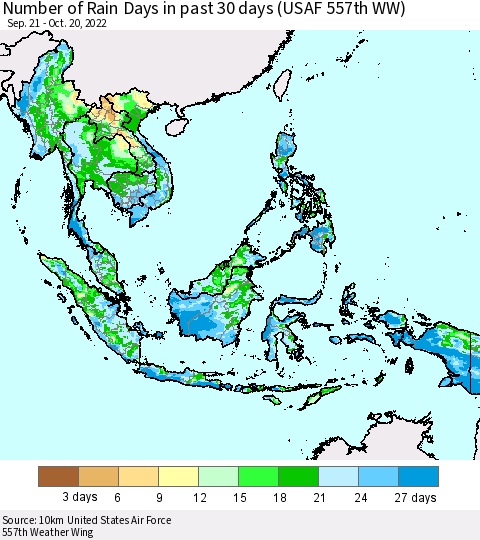 South East Asia Number of Rain Days in past 30 days (USAF 557th WW) 10/20/2022 Thematic Map For 10/16/2022 - 10/20/2022