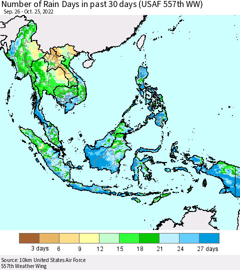 South East Asia Number of Rain Days in past 30 days (USAF 557th WW) 10/25/2022 Thematic Map For 10/21/2022 - 10/25/2022