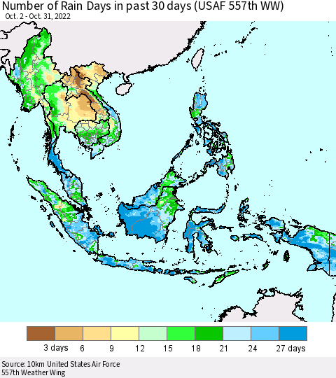 South East Asia Number of Rain Days in past 30 days (USAF 557th WW) 10/31/2022 Thematic Map For 10/26/2022 - 10/31/2022