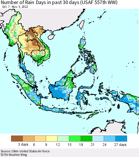 South East Asia Number of Rain Days in past 30 days (USAF 557th WW) 11/05/2022 Thematic Map For 11/1/2022 - 11/5/2022