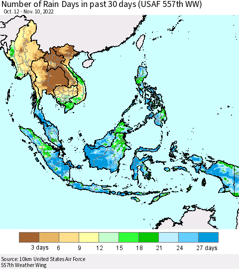 South East Asia Number of Rain Days in past 30 days (USAF 557th WW) 11/10/2022 Thematic Map For 11/6/2022 - 11/10/2022