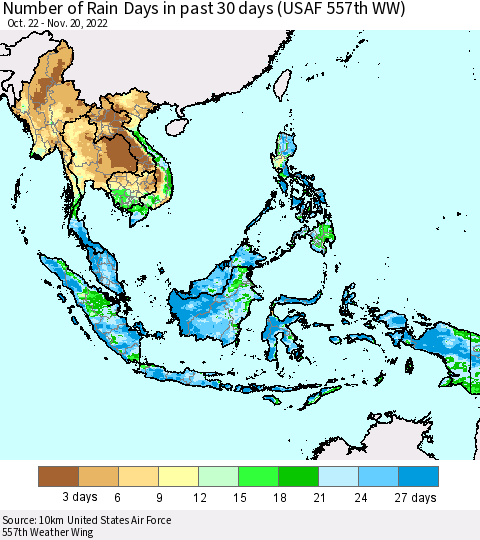 South East Asia Number of Rain Days in past 30 days (USAF 557th WW) Thematic Map For 11/16/2022 - 11/20/2022