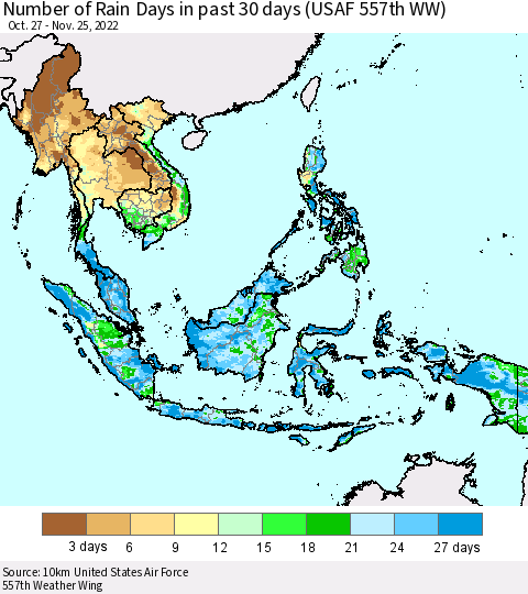 South East Asia Number of Rain Days in past 30 days (USAF 557th WW) 11/25/2022 Thematic Map For 11/21/2022 - 11/25/2022