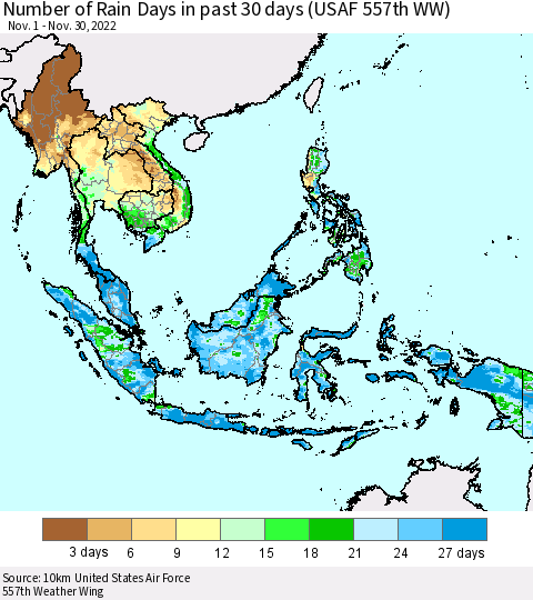 South East Asia Number of Rain Days in past 30 days (USAF 557th WW) 11/30/2022 Thematic Map For 11/26/2022 - 11/30/2022