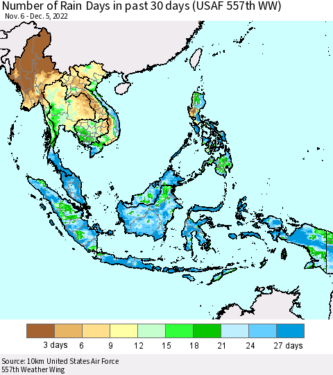 South East Asia Number of Rain Days in past 30 days (USAF 557th WW) 12/05/2022 Thematic Map For 12/1/2022 - 12/5/2022