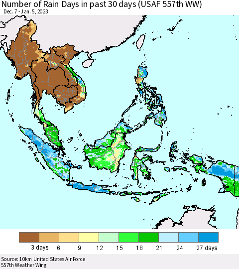 South East Asia Number of Rain Days in past 30 days (USAF 557th WW) Thematic Map For 1/1/2023 - 1/5/2023
