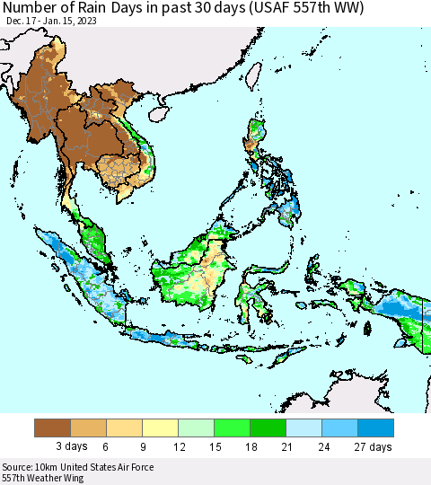 South East Asia Number of Rain Days in past 30 days (USAF 557th WW) 01/15/2023 Thematic Map For 1/11/2023 - 1/15/2023