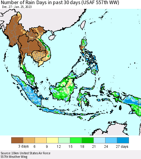 South East Asia Number of Rain Days in past 30 days (USAF 557th WW) 01/25/2023 Thematic Map For 1/21/2023 - 1/25/2023