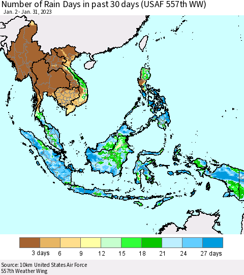 South East Asia Number of Rain Days in past 30 days (USAF 557th WW) 01/31/2023 Thematic Map For 1/26/2023 - 1/31/2023