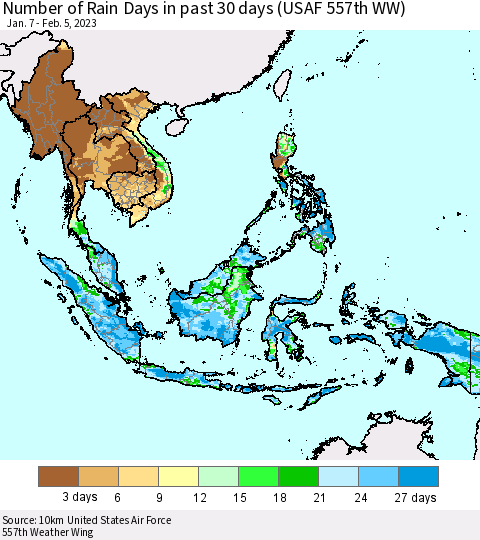 South East Asia Number of Rain Days in past 30 days (USAF 557th WW) 02/05/2023 Thematic Map For 2/1/2023 - 2/5/2023