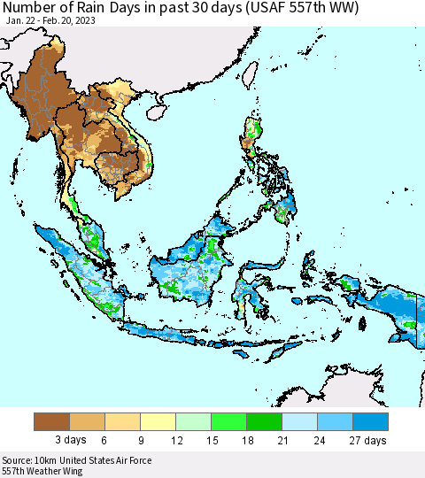 South East Asia Number of Rain Days in past 30 days (USAF 557th WW) 02/20/2023 Thematic Map For 2/16/2023 - 2/20/2023