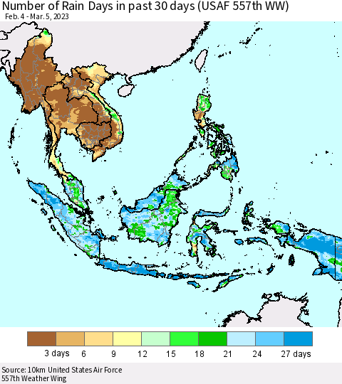 South East Asia Number of Rain Days in past 30 days (USAF 557th WW) 03/05/2023 Thematic Map For 3/1/2023 - 3/5/2023