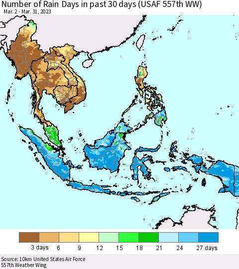 South East Asia Number of Rain Days in past 30 days (USAF 557th WW) 03/31/2023 Thematic Map For 3/26/2023 - 3/31/2023