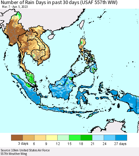 South East Asia Number of Rain Days in past 30 days (USAF 557th WW) 04/05/2023 Thematic Map For 4/1/2023 - 4/5/2023