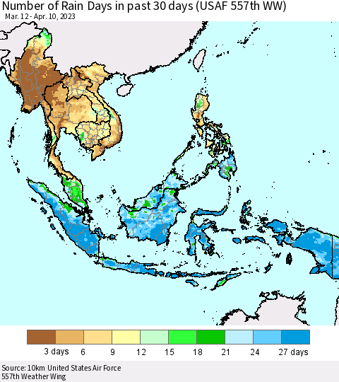 South East Asia Number of Rain Days in past 30 days (USAF 557th WW) Thematic Map For 4/6/2023 - 4/10/2023