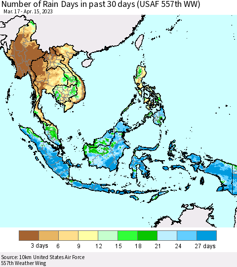 South East Asia Number of Rain Days in past 30 days (USAF 557th WW) 04/15/2023 Thematic Map For 4/11/2023 - 4/15/2023