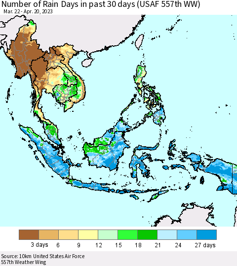 South East Asia Number of Rain Days in past 30 days (USAF 557th WW) 04/20/2023 Thematic Map For 4/16/2023 - 4/20/2023