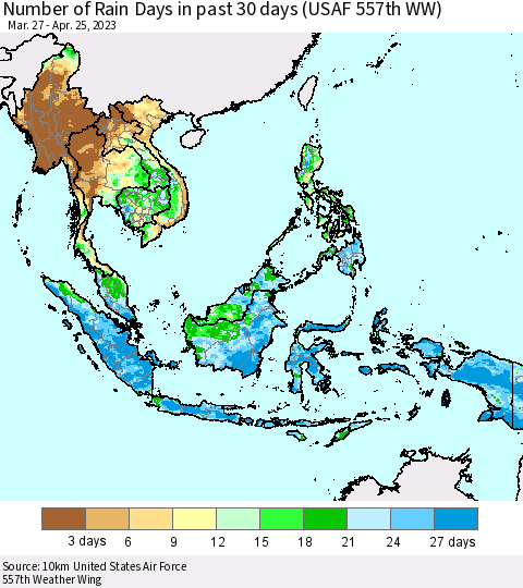 South East Asia Number of Rain Days in past 30 days (USAF 557th WW) 04/25/2023 Thematic Map For 4/21/2023 - 4/25/2023