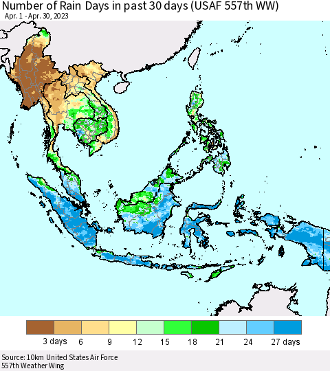 South East Asia Number of Rain Days in past 30 days (USAF 557th WW) 04/30/2023 Thematic Map For 4/26/2023 - 4/30/2023