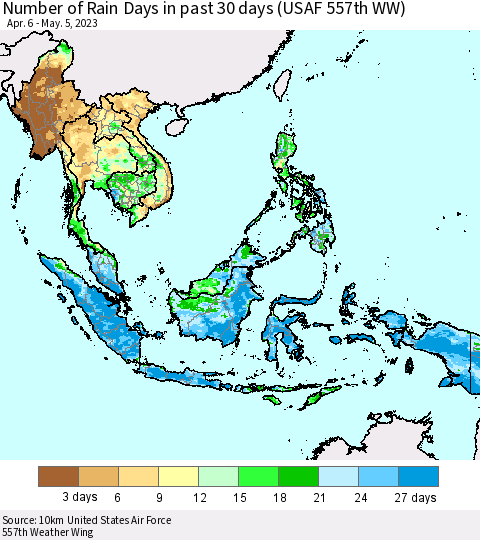 South East Asia Number of Rain Days in past 30 days (USAF 557th WW) 05/05/2023 Thematic Map For 5/1/2023 - 5/5/2023