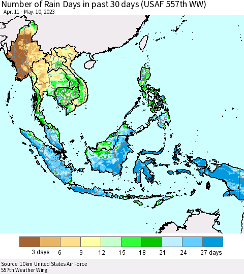 South East Asia Number of Rain Days in past 30 days (USAF 557th WW) 05/10/2023 Thematic Map For 5/6/2023 - 5/10/2023