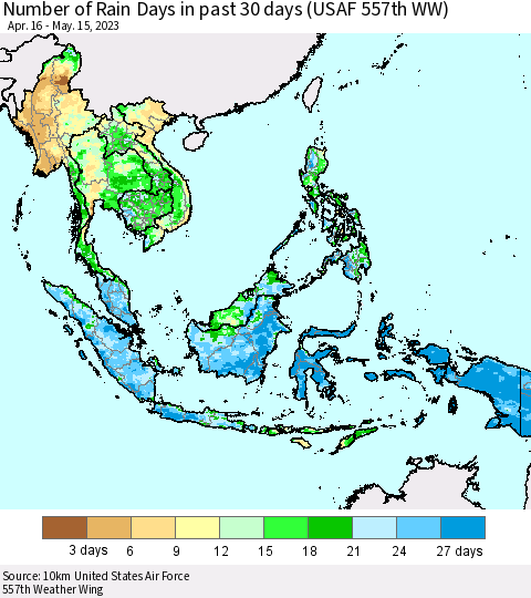 South East Asia Number of Rain Days in past 30 days (USAF 557th WW) 05/15/2023 Thematic Map For 5/11/2023 - 5/15/2023