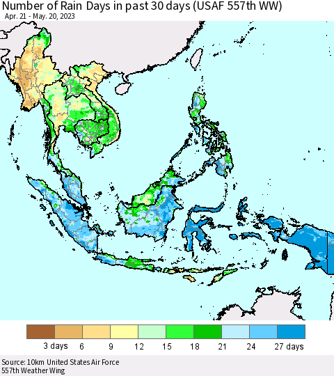 South East Asia Number of Rain Days in past 30 days (USAF 557th WW) Thematic Map For 5/16/2023 - 5/20/2023
