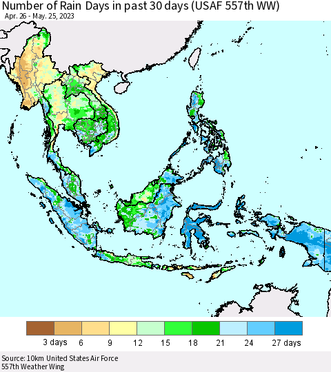 South East Asia Number of Rain Days in past 30 days (USAF 557th WW) 05/25/2023 Thematic Map For 5/21/2023 - 5/25/2023
