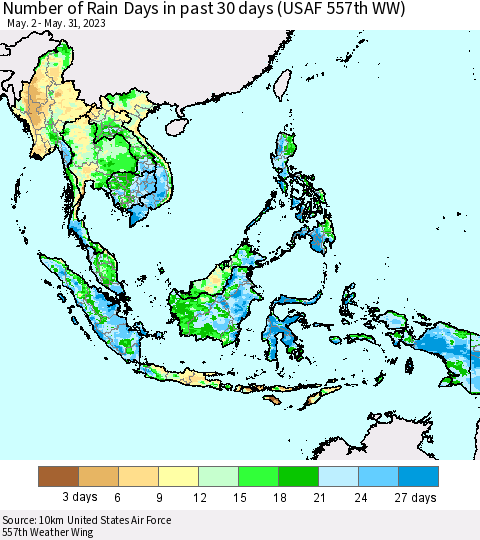 South East Asia Number of Rain Days in past 30 days (USAF 557th WW) 05/31/2023 Thematic Map For 5/26/2023 - 5/31/2023