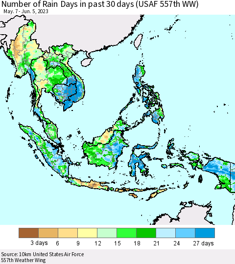 South East Asia Number of Rain Days in past 30 days (USAF 557th WW) 06/05/2023 Thematic Map For 6/1/2023 - 6/5/2023